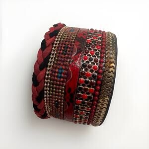Italian Leather Bangle Cuff Bracelet Beaded Red Inlay Handmade